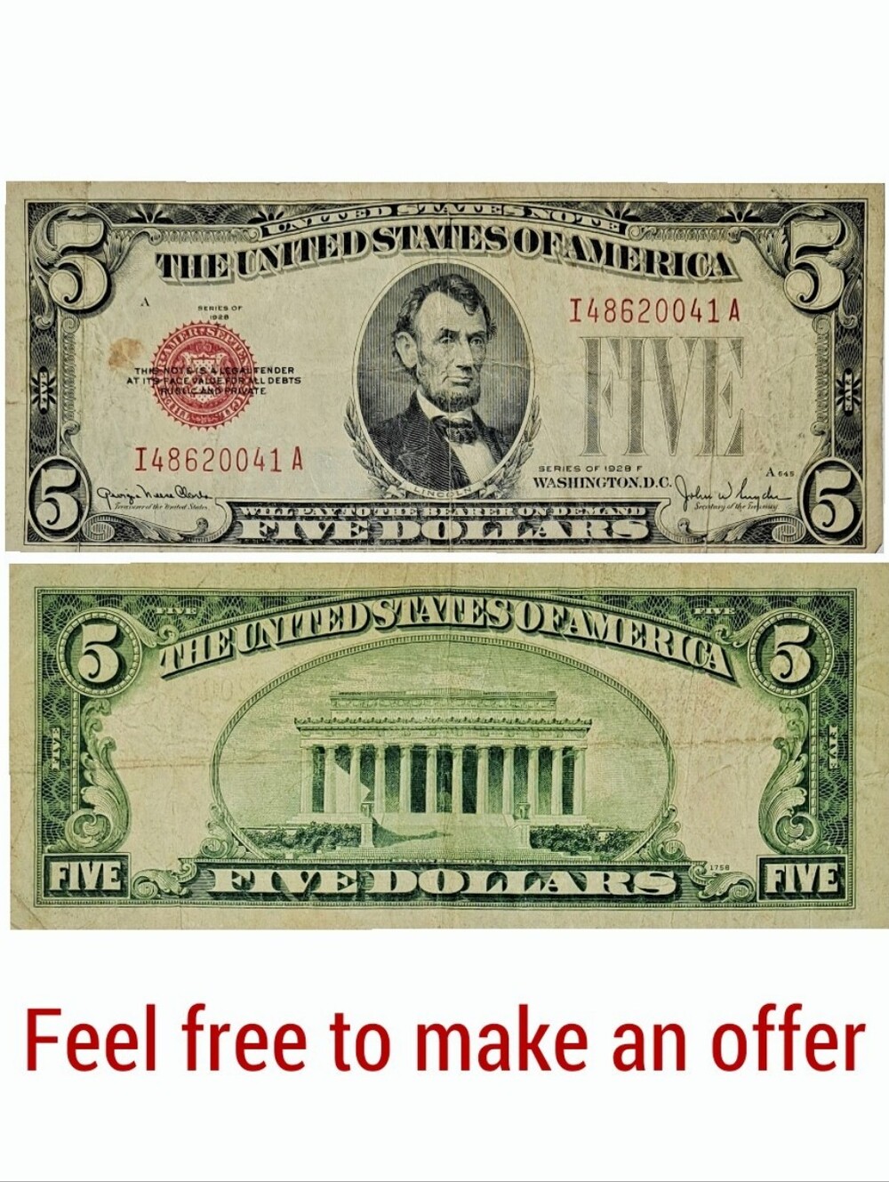 1928 F $5 BILL (RED SEAL)